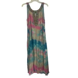 Soft Surroundings Womens Watercolor Artsy Jeweled Bohemian Maxi Dress Size PXL